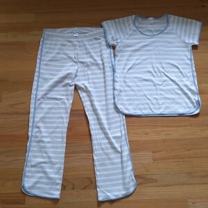 Lake Gray And White Striped Pajama Set With Blue Trim Small